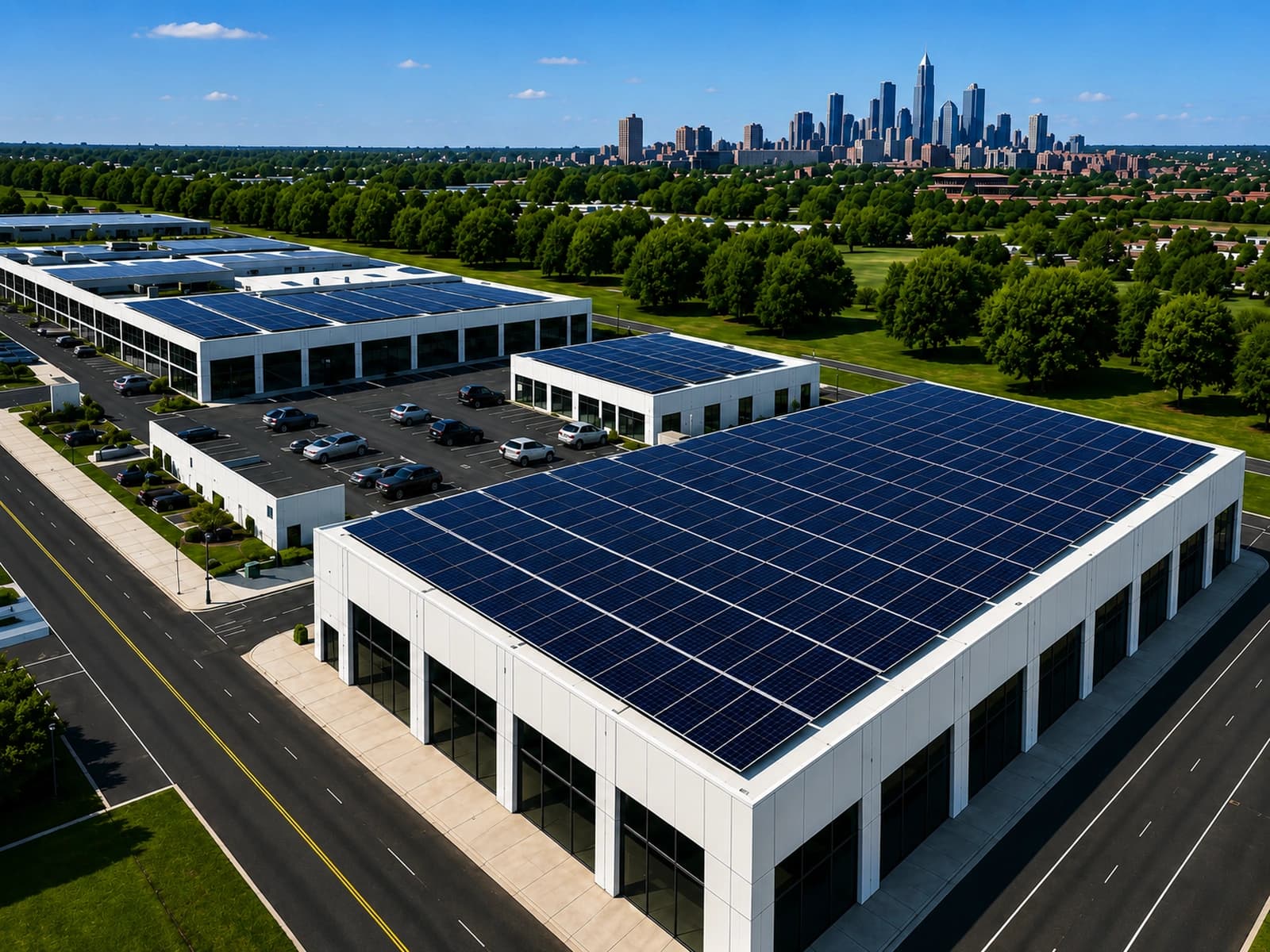 Aerial view of a commercial building with rooftop solar and the Kansas City skyline