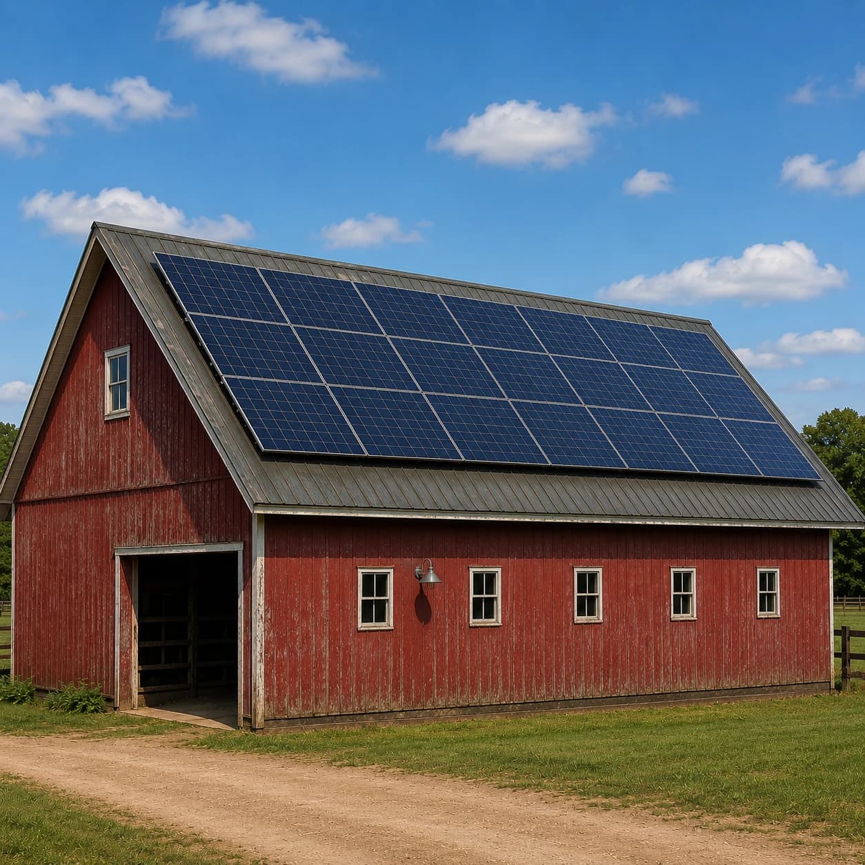 Red barn with rooftop solar panels