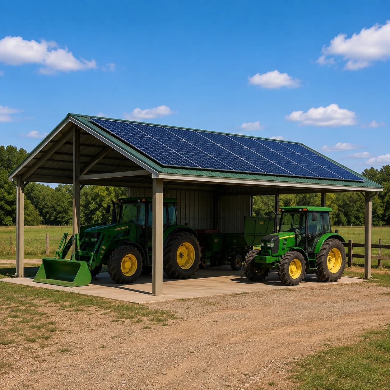 Solar carport covering farm equipment and tractors