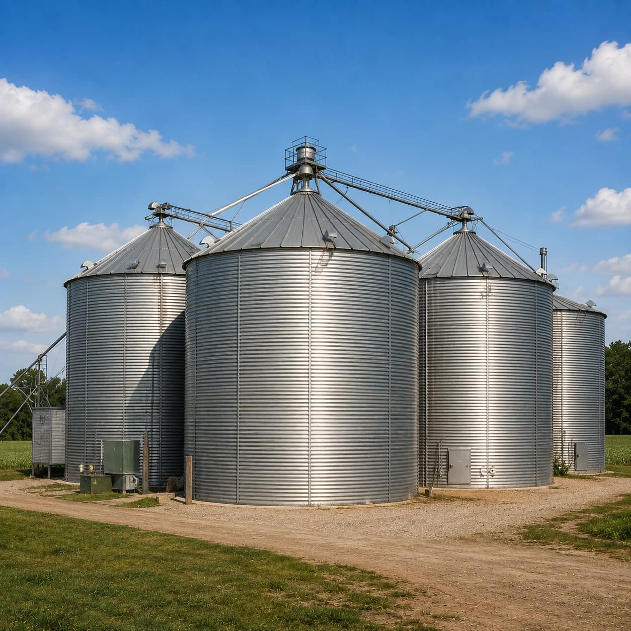 Metal grain bins on a farm