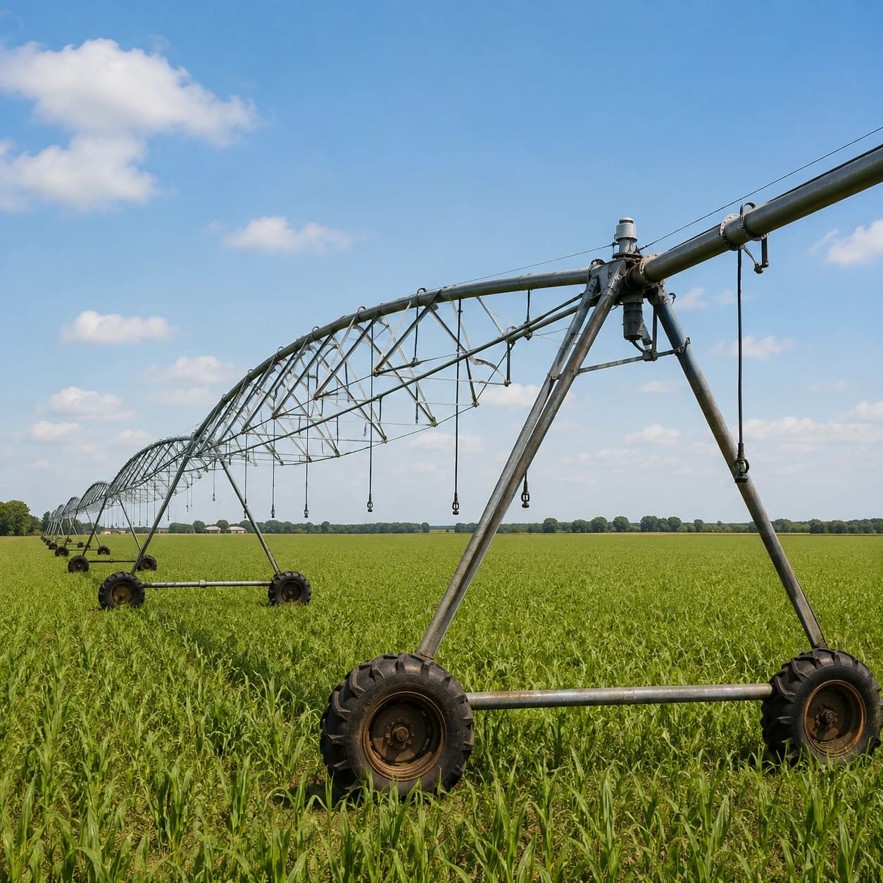 Center-pivot irrigation system in a green field
