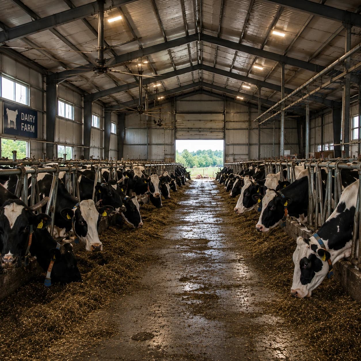 Dairy barn interior with livestock and ventilation