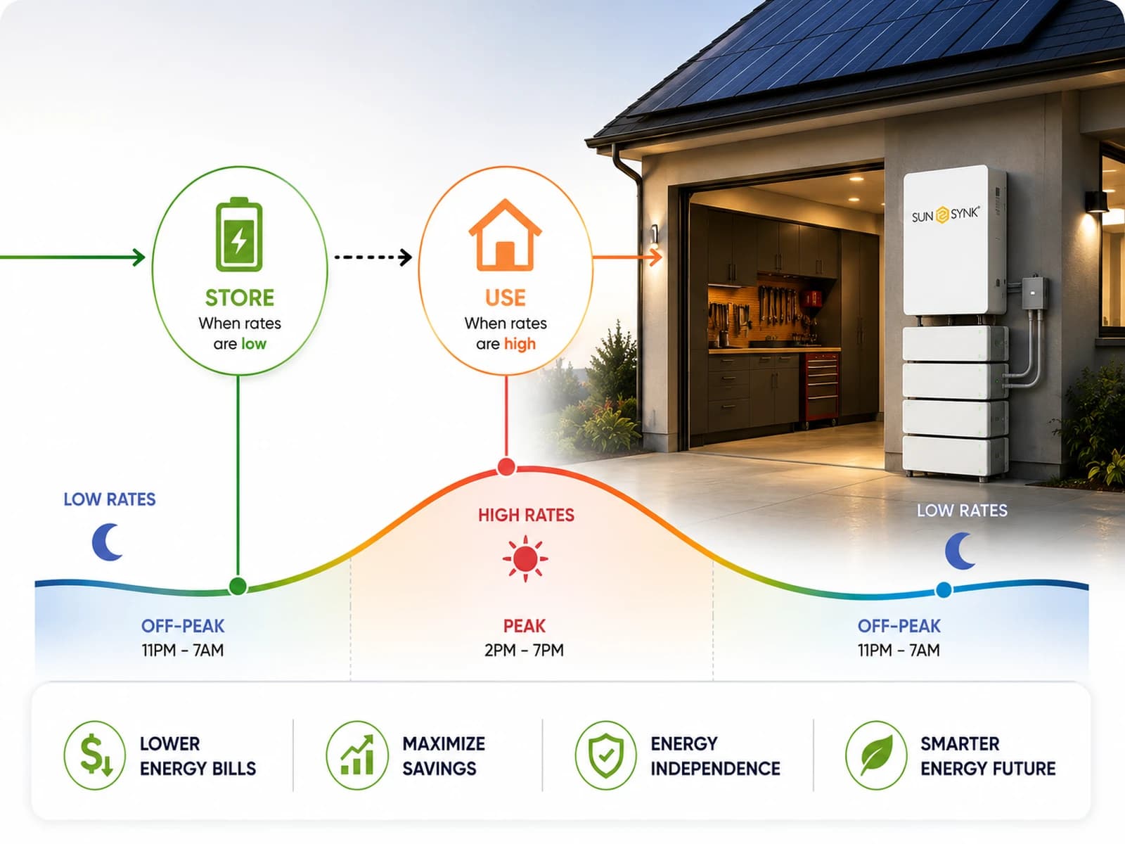 Infographic showing energy stored at low off-peak rates and used during high-demand peak hours