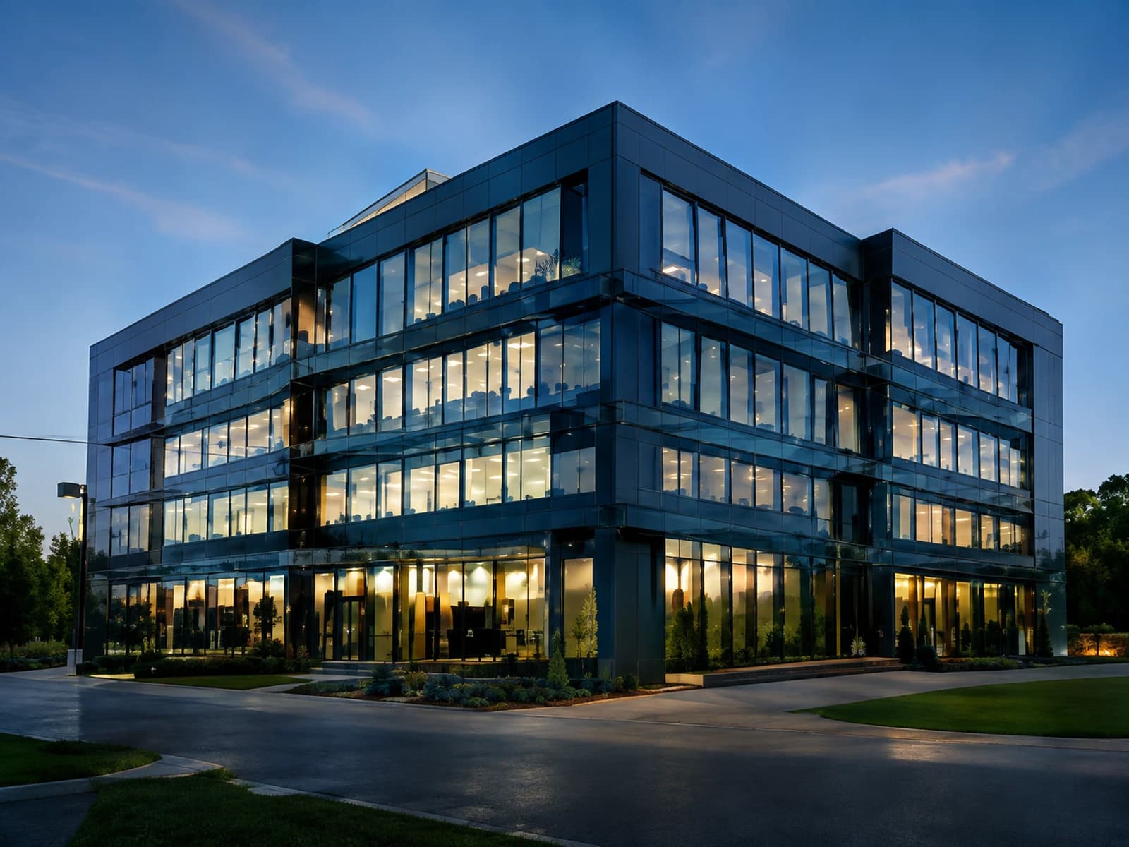 Office building exterior at twilight