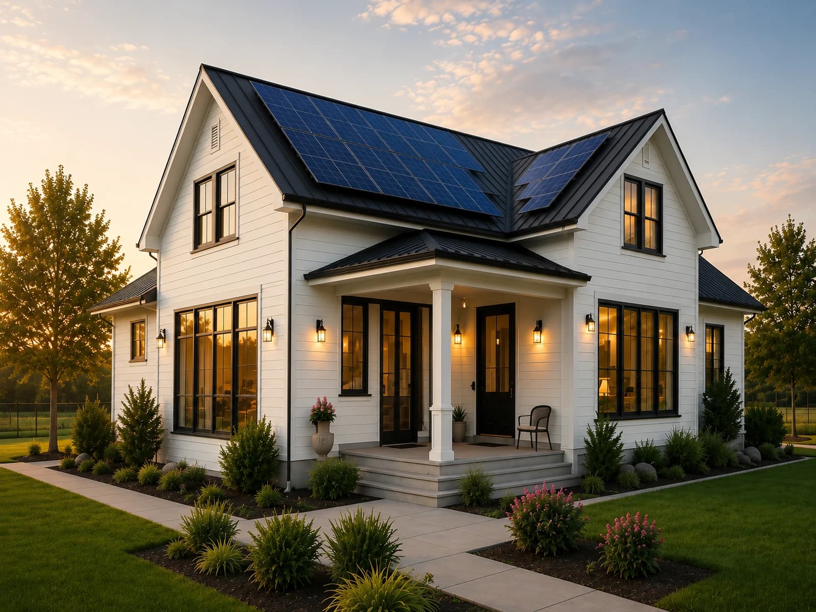 Suburban home at dusk with solar and battery system