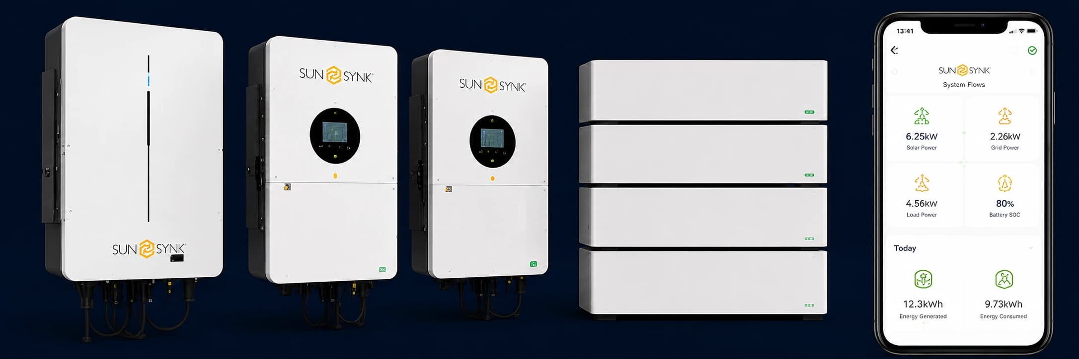 Sunsynk inverter and stacked battery modules with mobile monitoring app