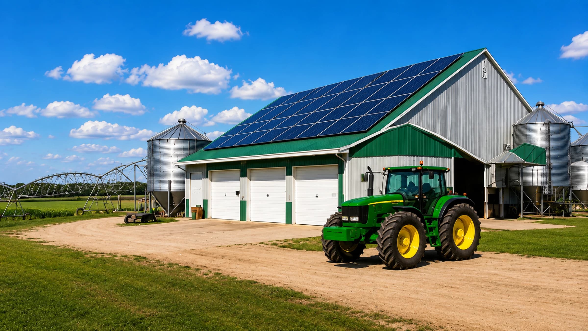 Farm barn with rooftop solar panels, grain silos, and a tractor