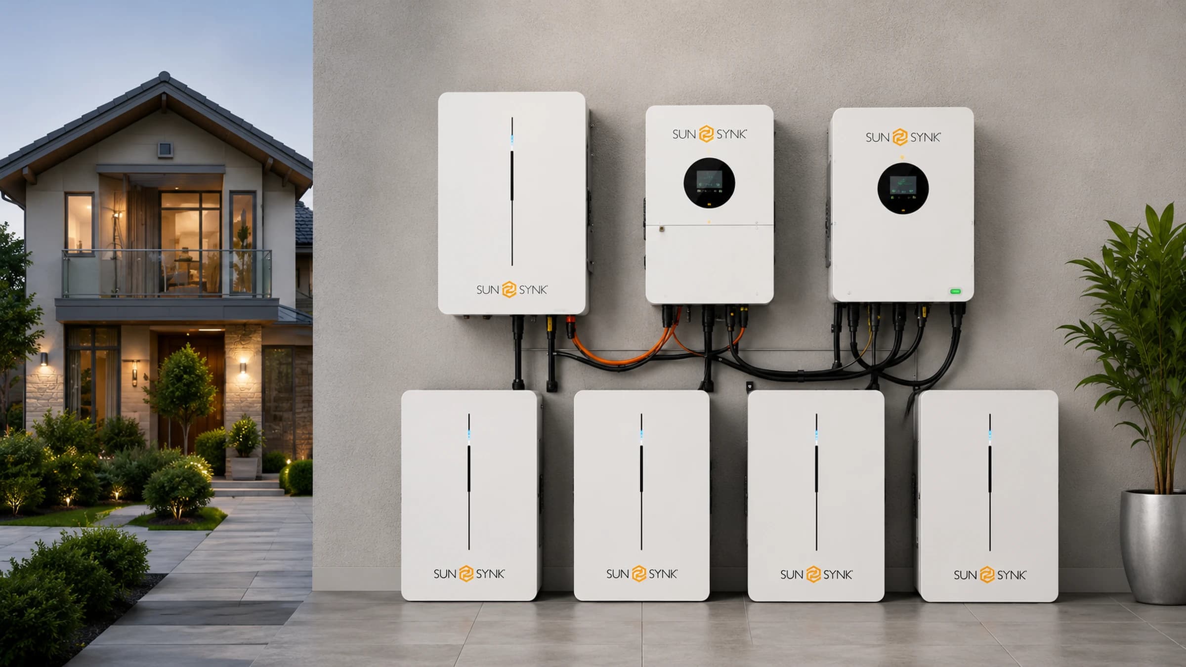 Wall-mounted Sunsynk inverters and battery modules in a clean utility space