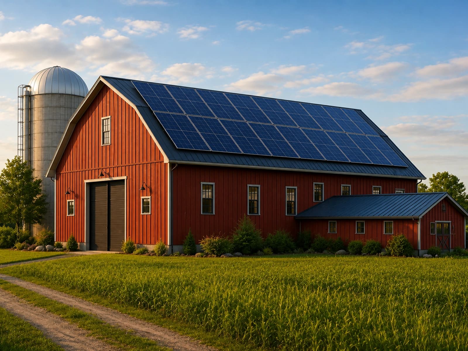 Barn roof with solar panels and tractor