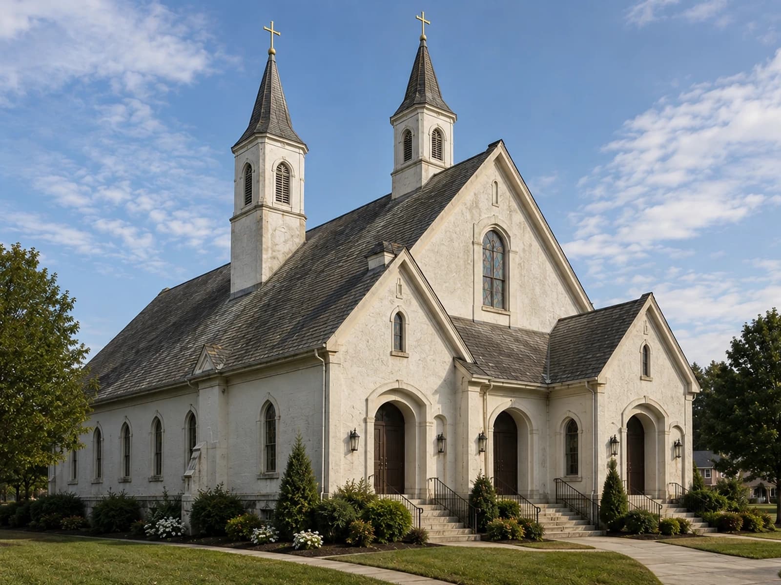 Church building exterior with landscaped grounds