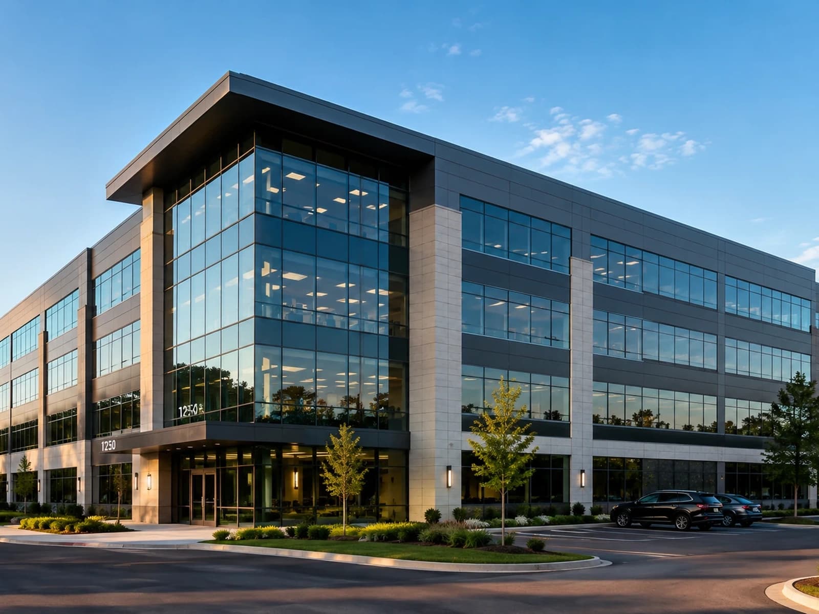 Modern glass office building with rooftop solar