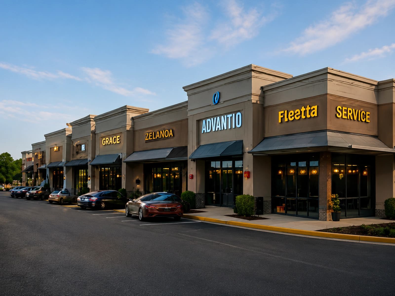 Retail shopping center storefronts at dusk