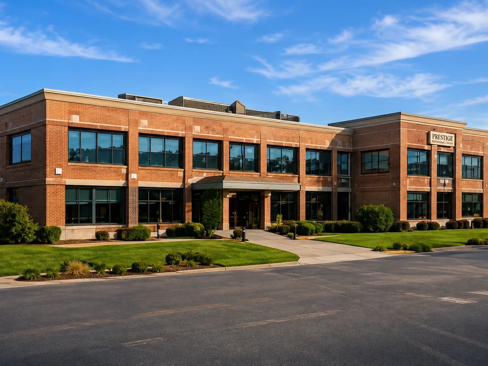 School building exterior with solar panels