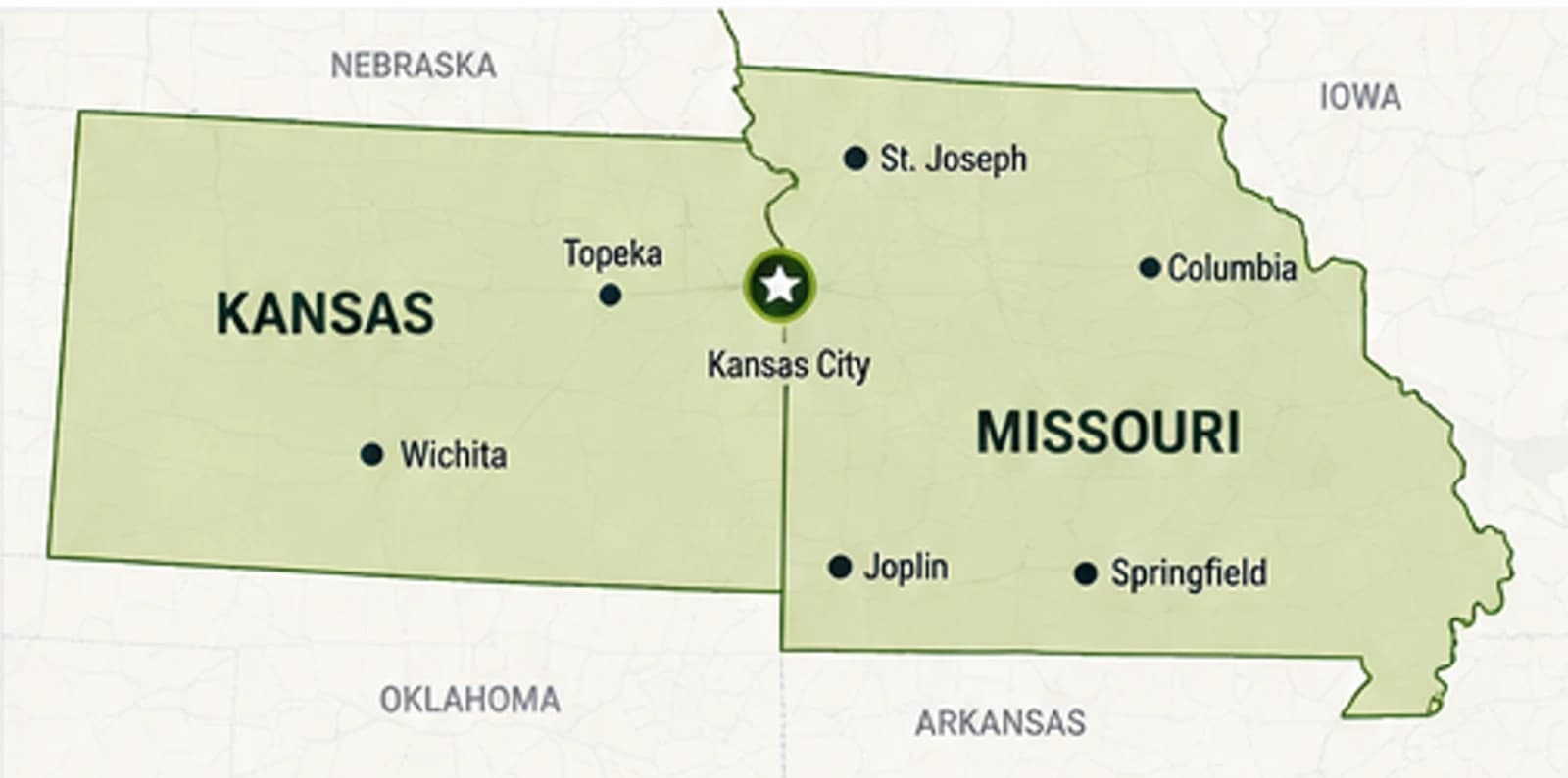 Map of Missouri and Kansas service area with Kansas City highlighted