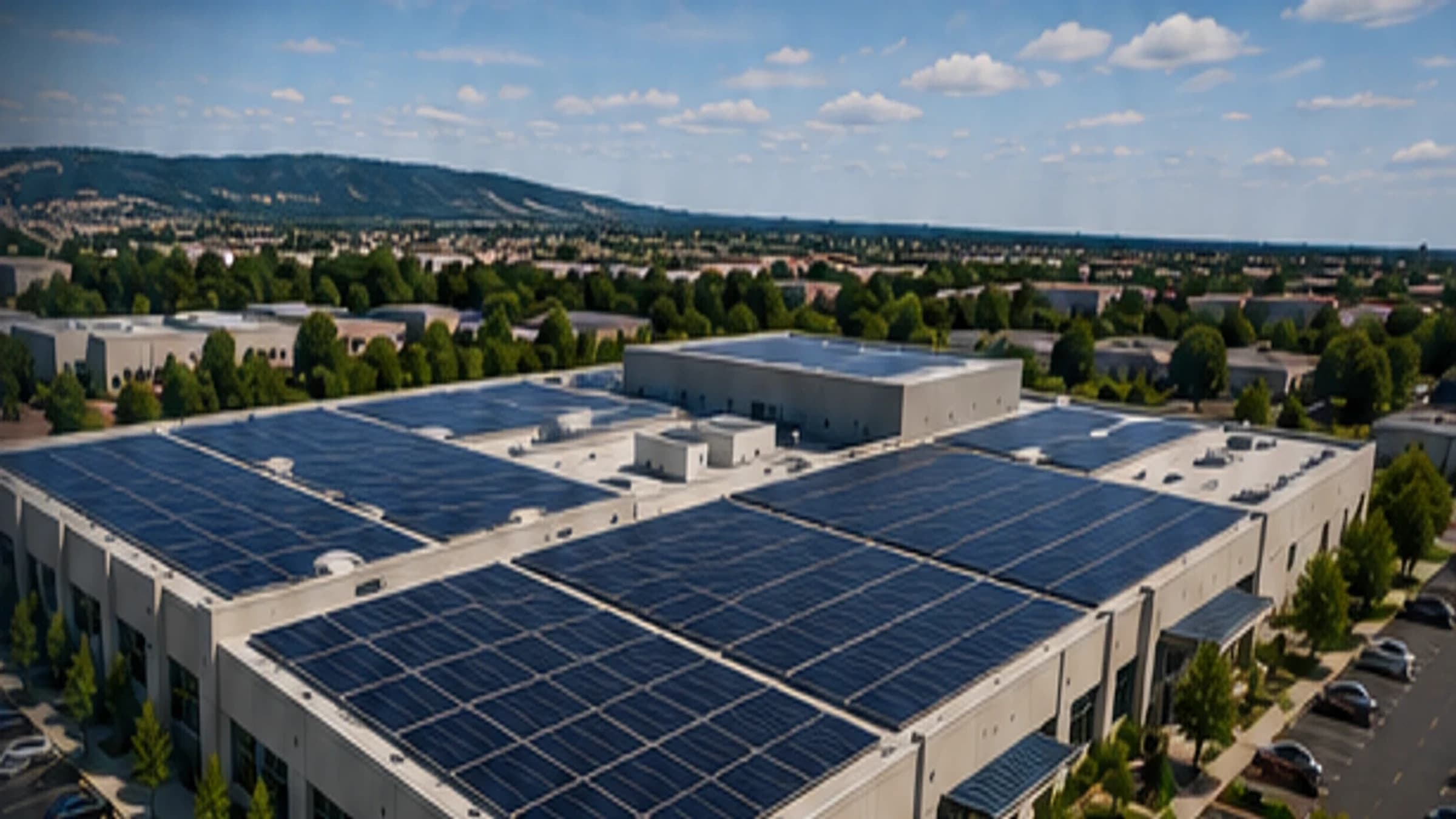 Aerial view of a commercial business park with large rooftop solar arrays