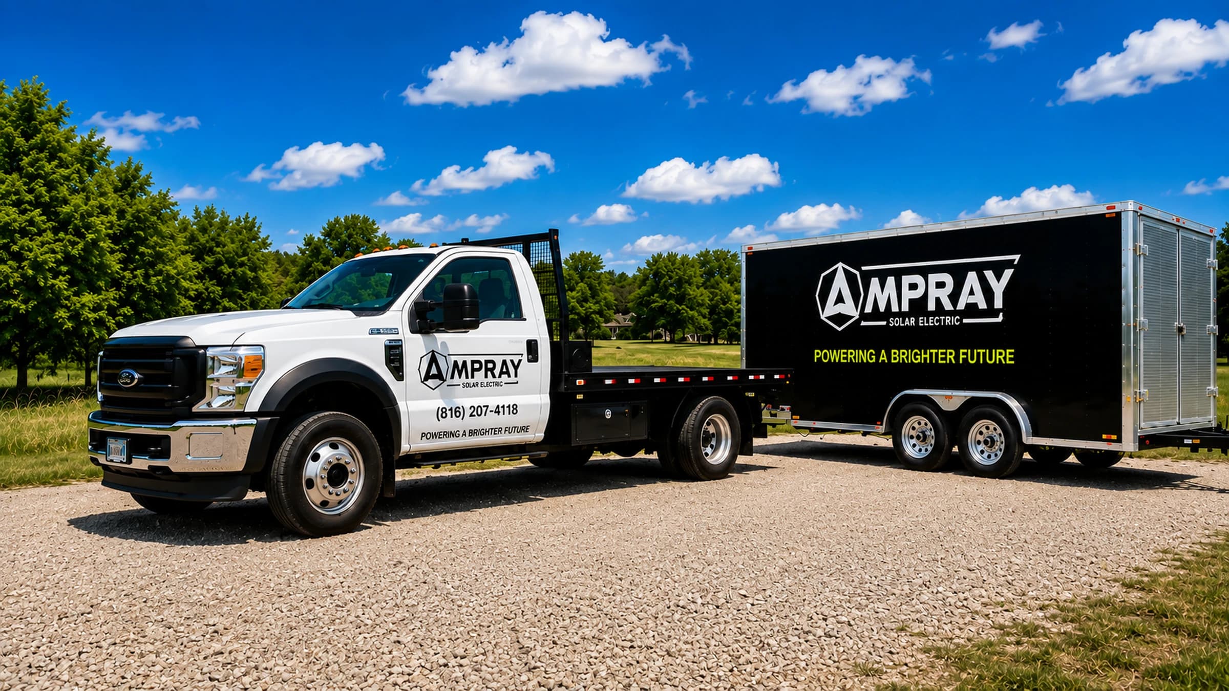 Ampray branded service truck and trailer parked at a rural job site