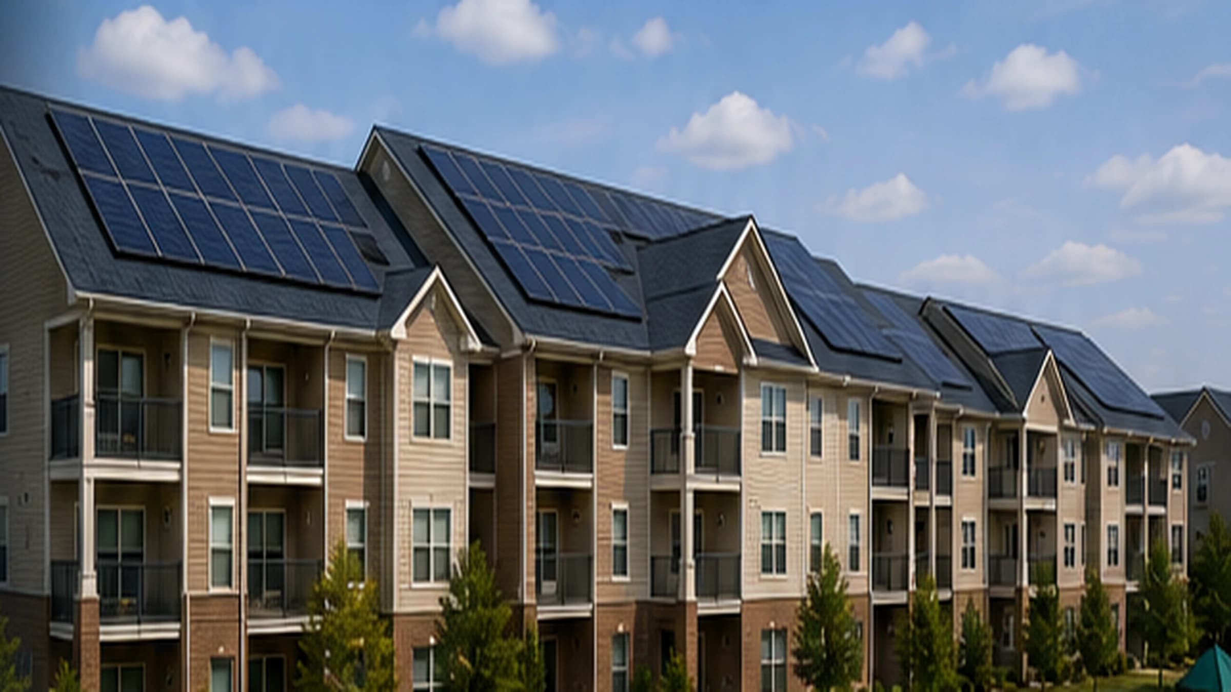 Three-story apartment community with rooftop solar panels