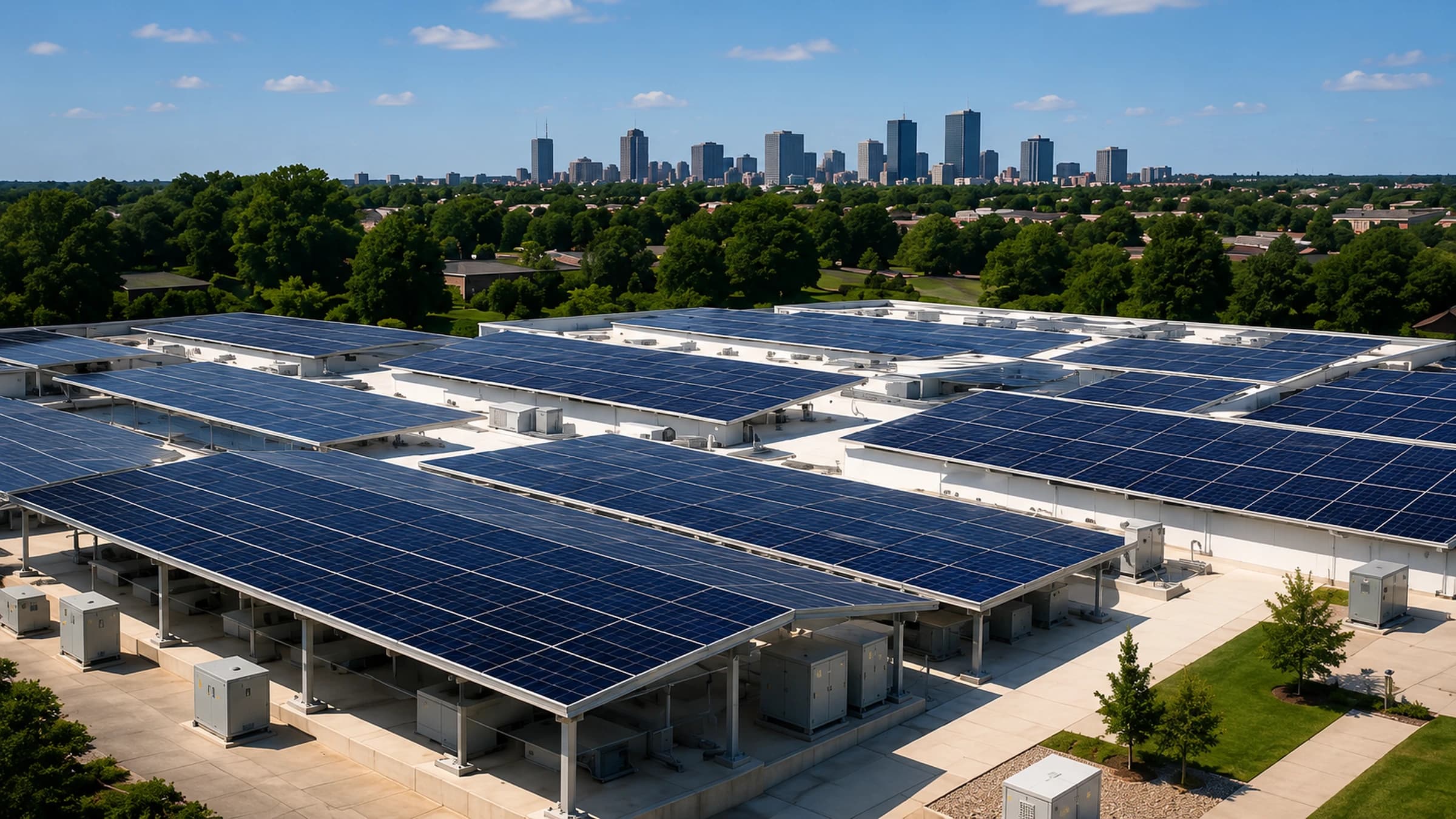 Aerial view of a large commercial solar carport installation with a city skyline