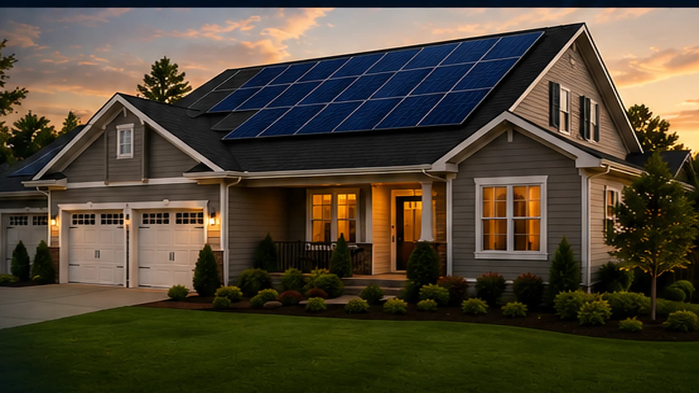 Two-story home at dusk with rooftop solar panels and warm window lighting
