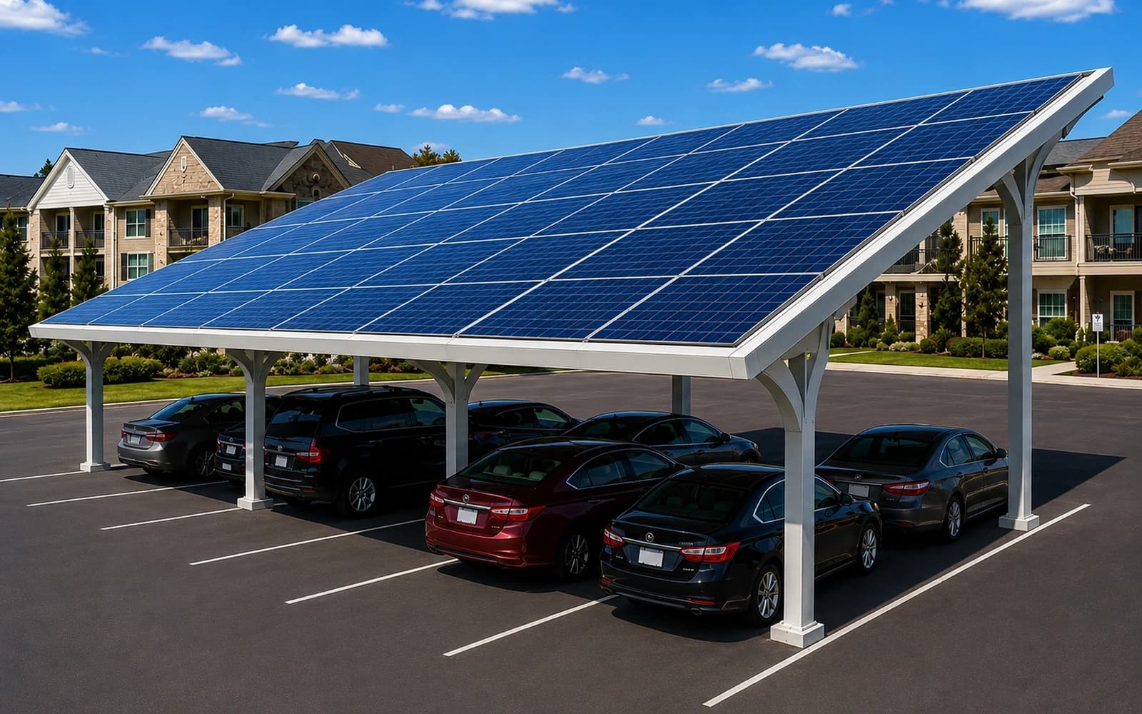 Solar carport structures over apartment parking spaces