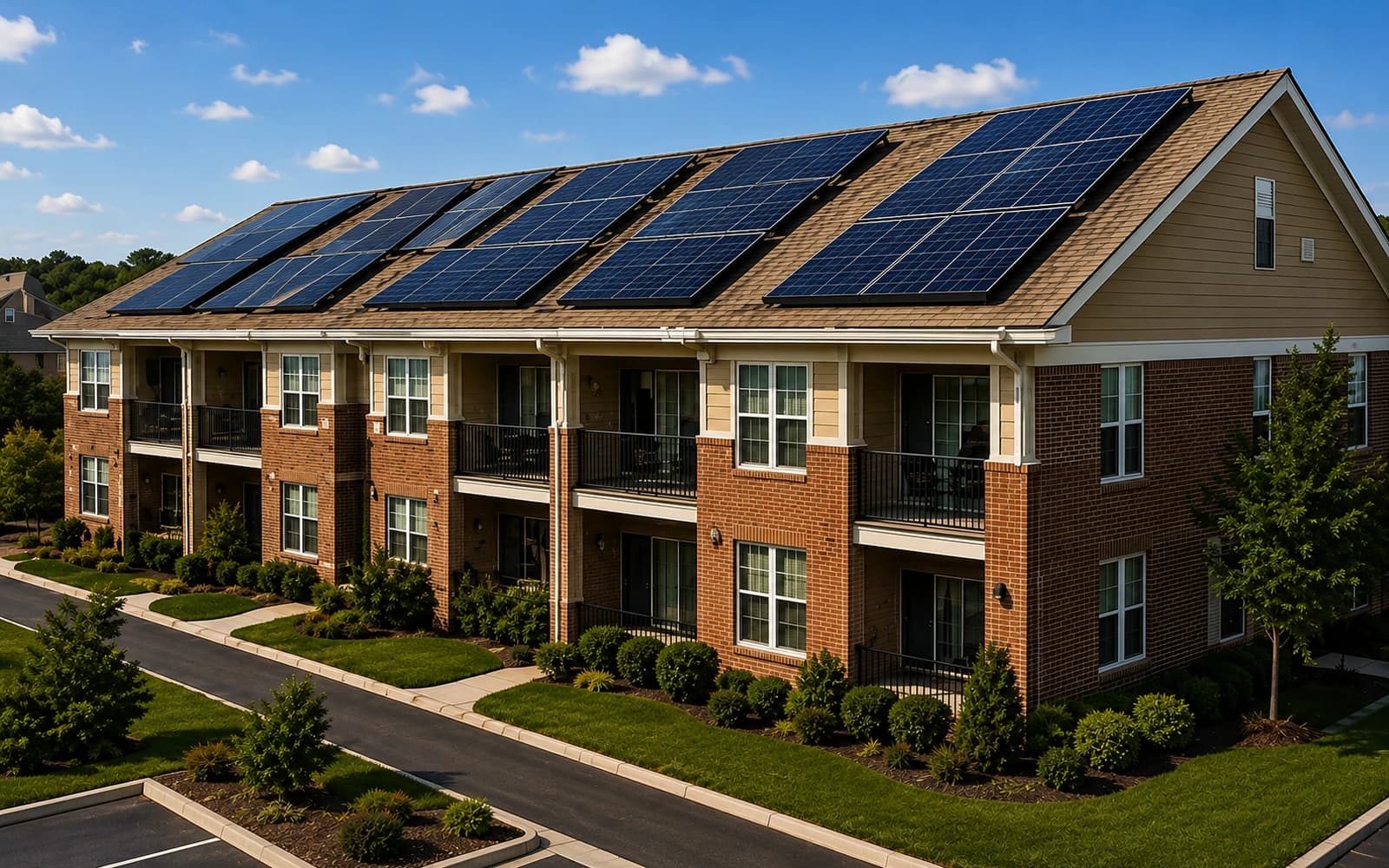 Apartment building rooftops covered with solar panels