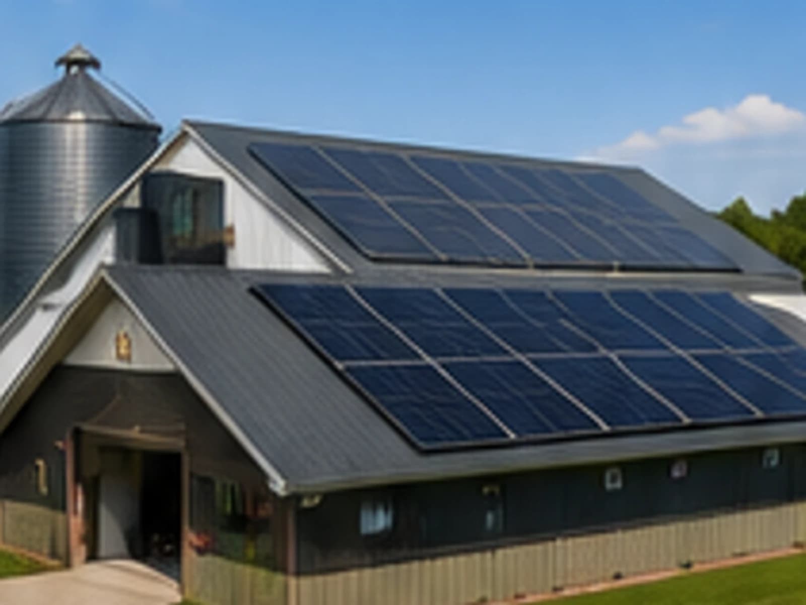 Farm barn with solar panels and grain silo