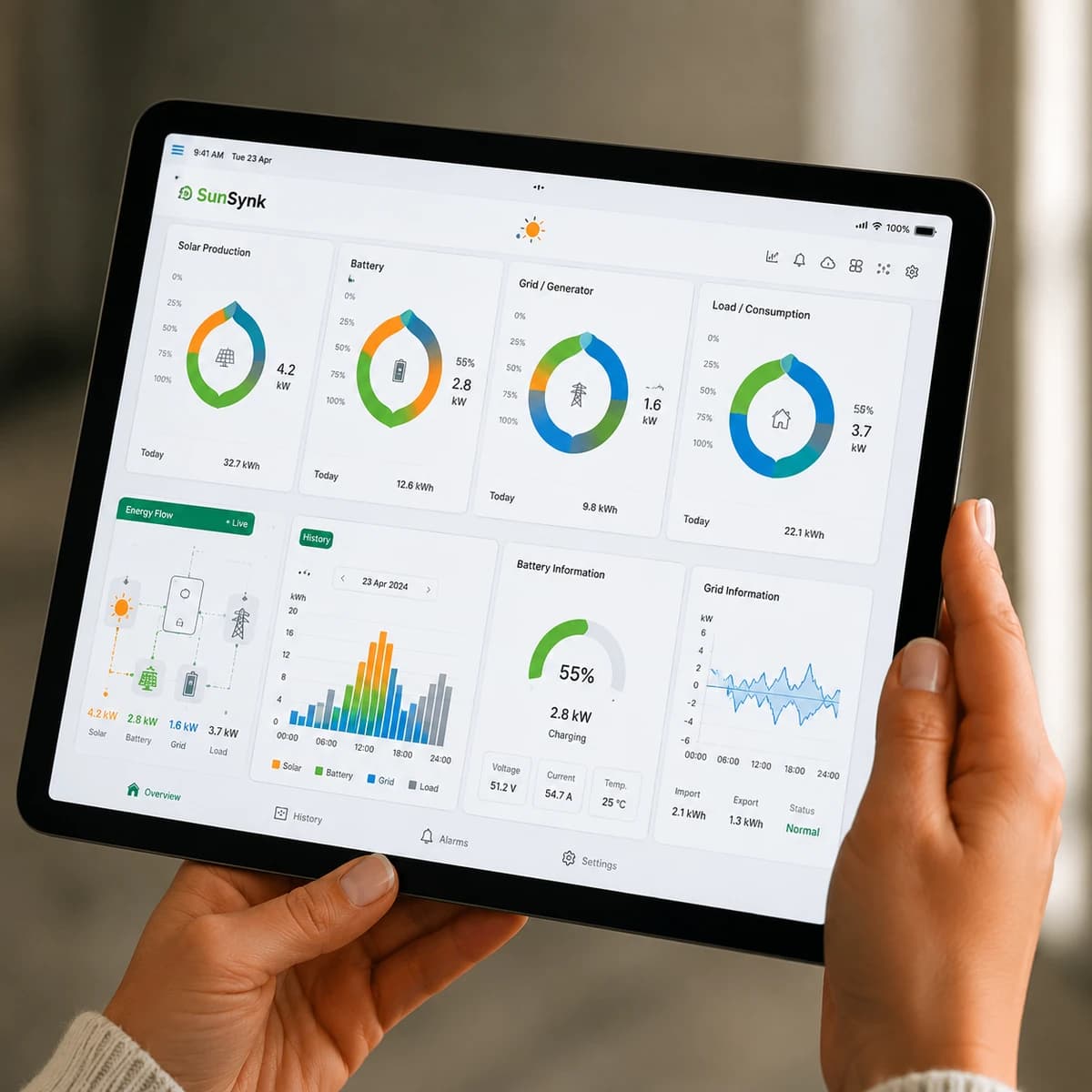 Tablet showing energy monitoring dashboard