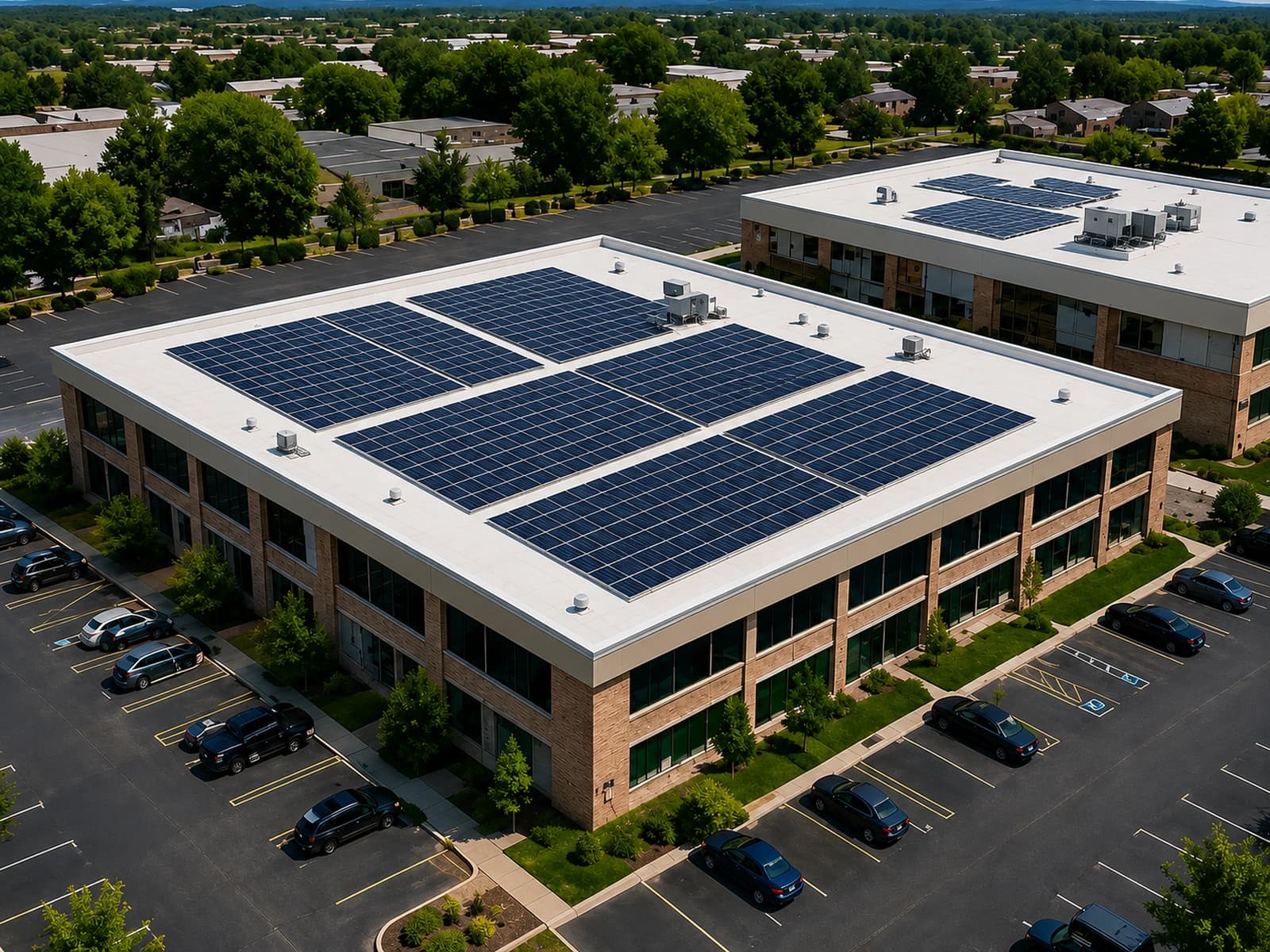 Aerial view of a commercial building with rooftop solar