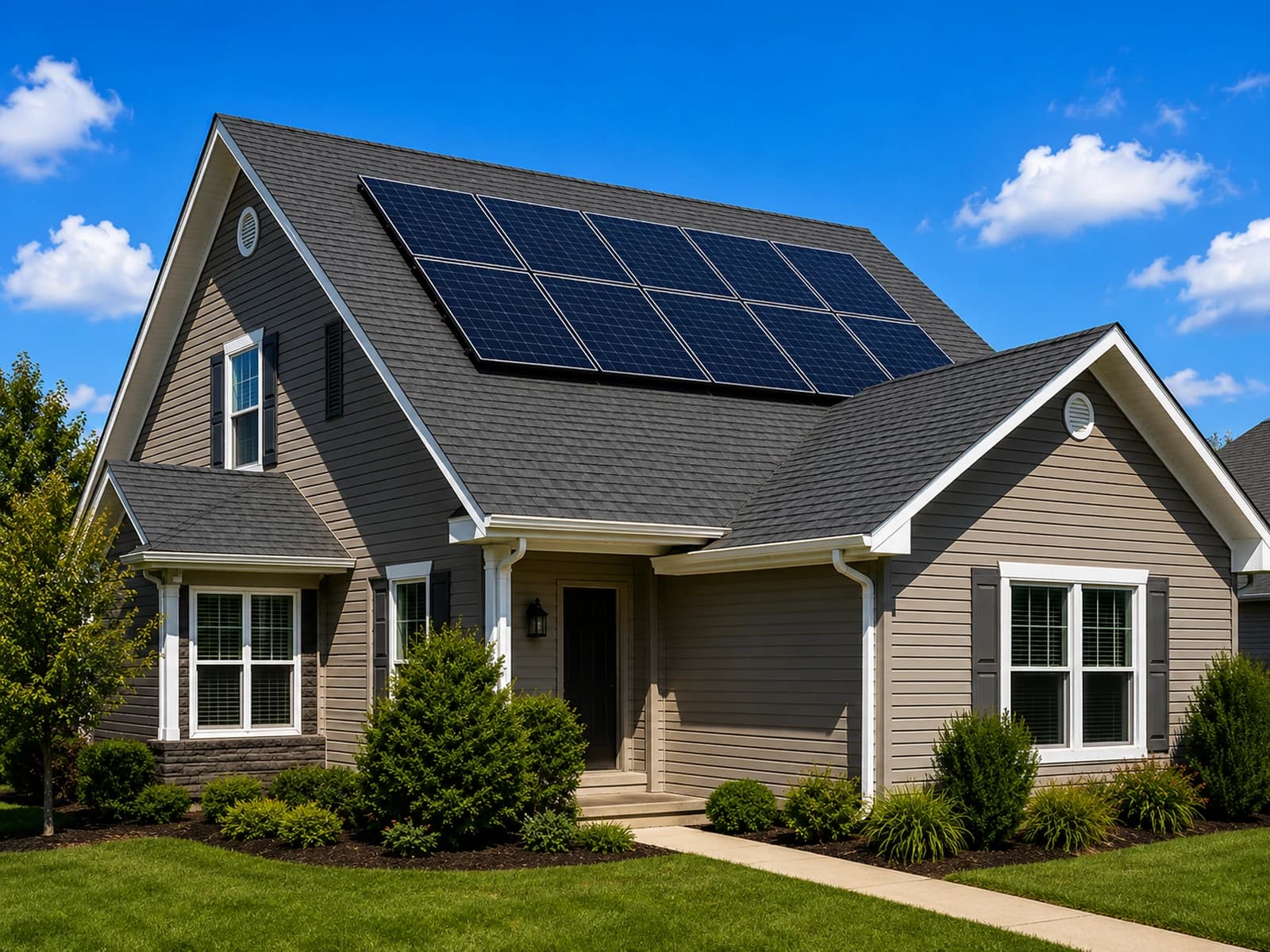 Residential home with rooftop solar panel array