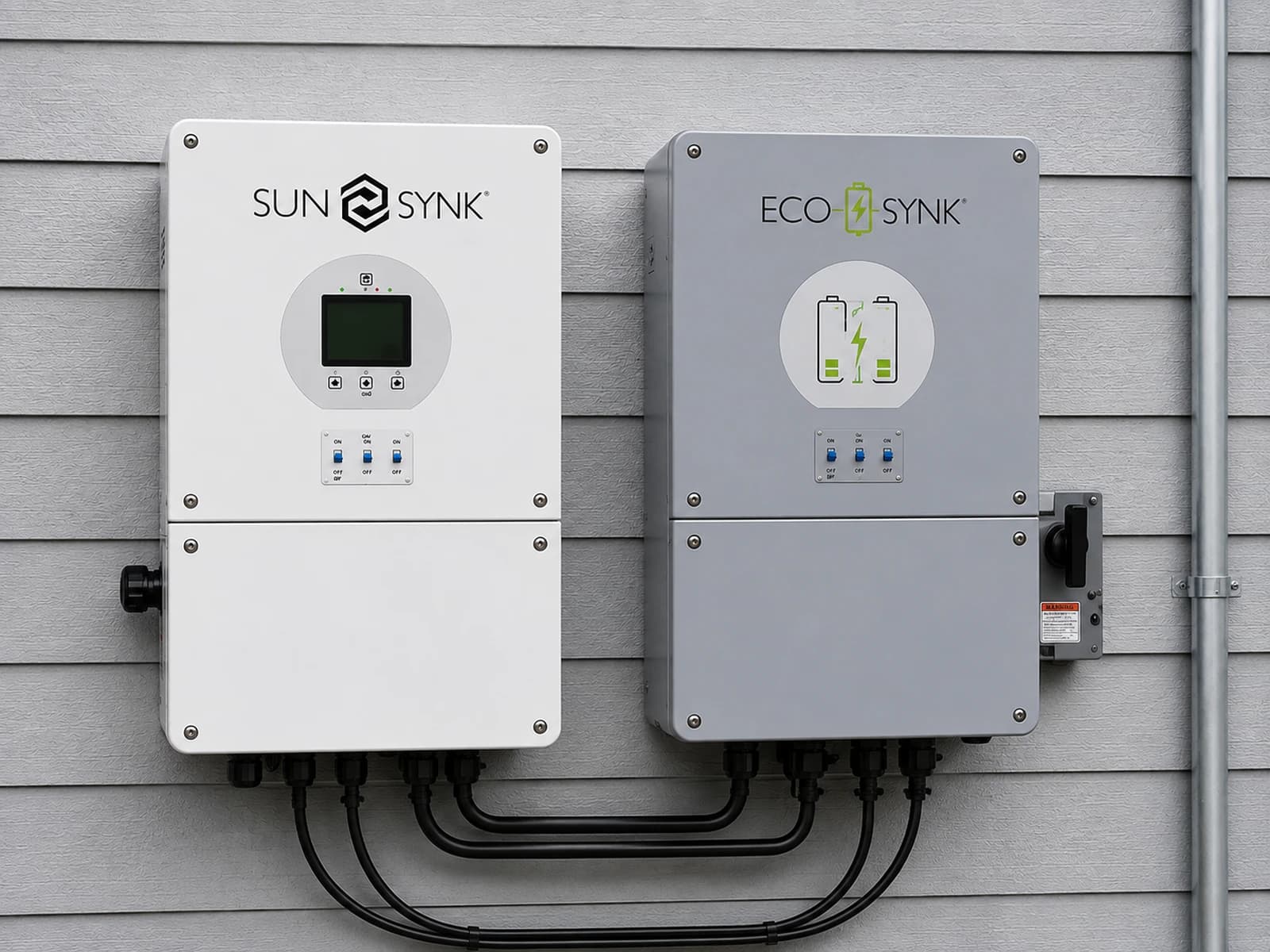 Sunsynk battery and inverter mounted on a garage wall