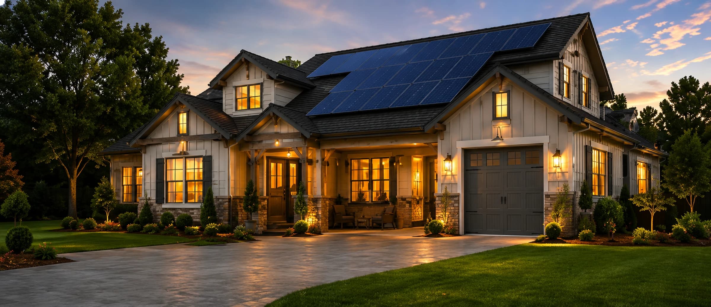 Craftsman-style home at twilight with solar panels and landscape lighting
